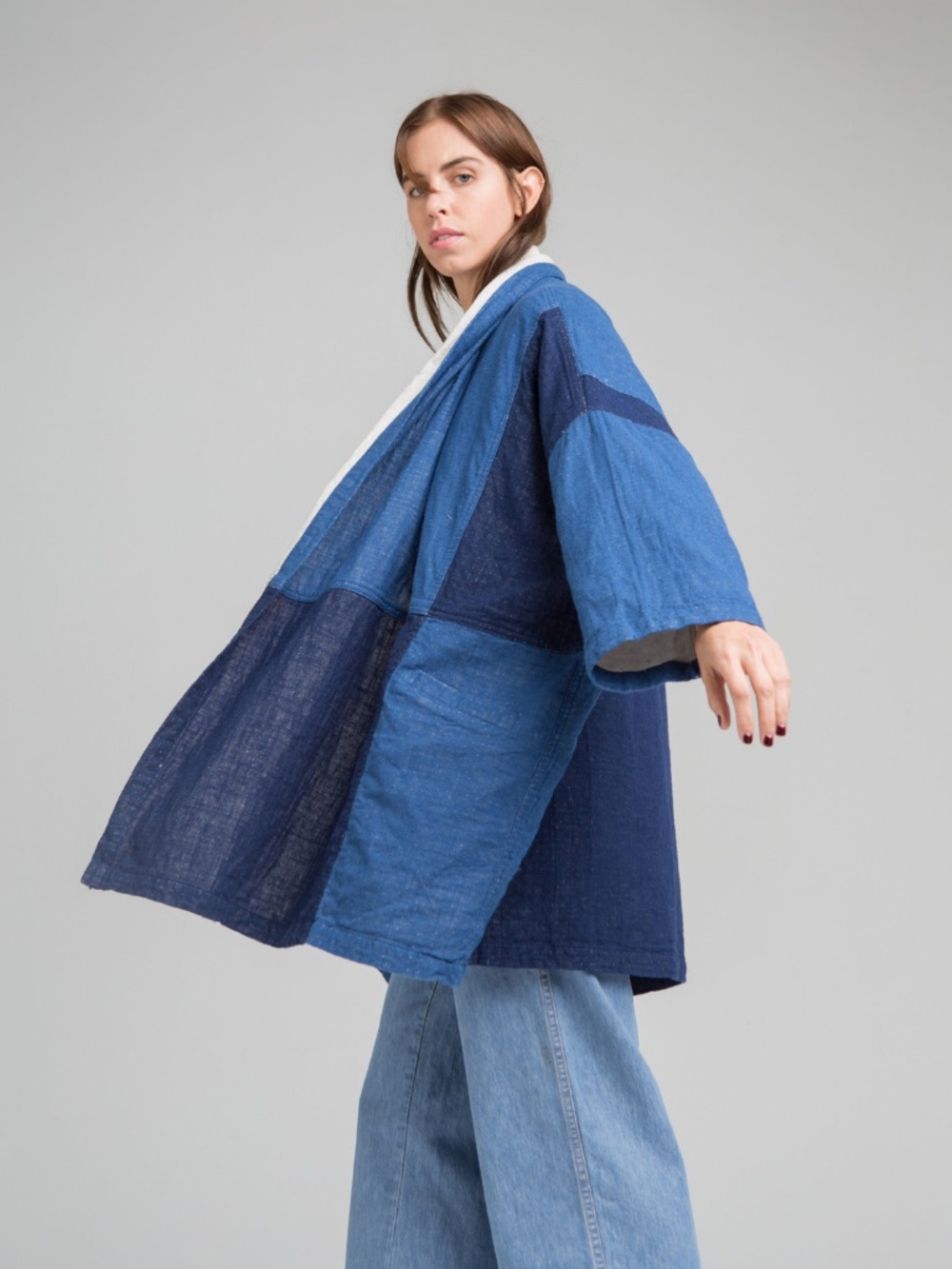 ATELIER DELPHINE Haori Coat in Indigo Patchwork Boxy Double Layer Gauze Jacket